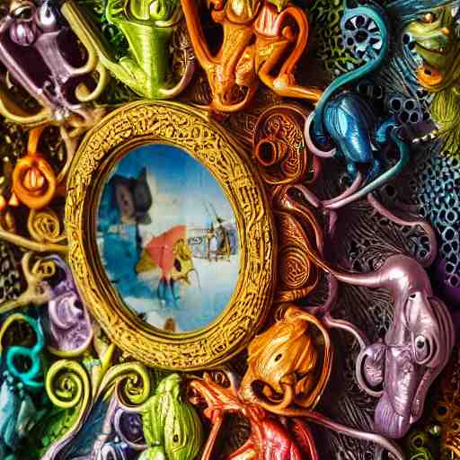 giant colourful tiny intricate variations of detail cool beautiful creature sculpture, full deep focus maximalist photography, hieronymus bosch, reflections, 8 k 