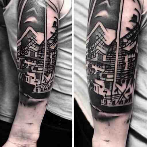 dark japanese urban architecture, tattoo, tattoo on upper arm