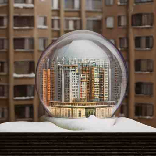 a snow globe with a soviet apartment building in it, a computer rendering by leandro erlich, diorama, trending on cgsociety, retrofuturism, tesseract, isometric, physically based rendering 