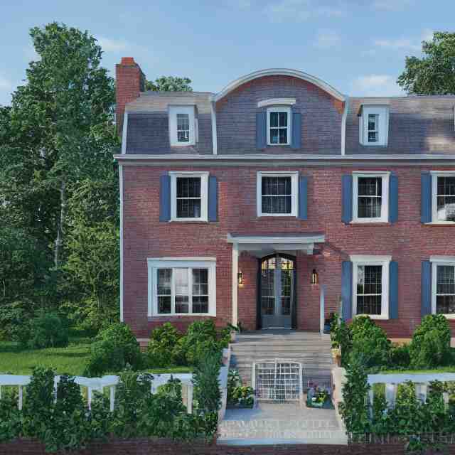 modern new england colonial house with a round blue door, brick cape house, realistic, unreal engine render, octane render, hyper realistic, photo, 8 k 