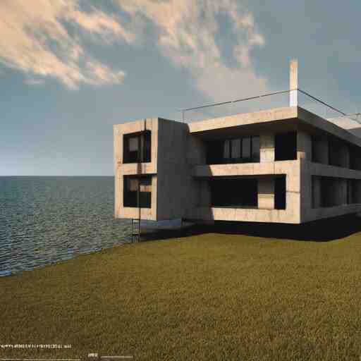 brutalist villa on edge of a lake, antoni gaudi and le corbusier, photorealistic, cinematic, volume light, rendered in octane, artstation