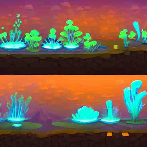 concept art 2 d game asset of various stair blocks with organic isometric design, bioluminescent alien - like plants inspired by the avatar's bioluminescent alien nature. around the stairs, we can see plants glowing in the dark. isometric perspective, item is in a black background colorful neons cyan, orange red, painterly cartoonish octane render masterpiece 