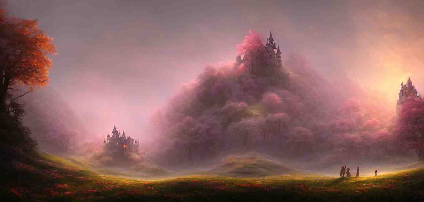 a fairytale castle on a hill in the forest pink fog envelops the castle landscape, cinematic view, epic sky, detailed, concept art, low angle, high detail, warm lighting, volumetric, godrays, vivid, beautiful, trending on artstation, by jordan grimmer, huge scene, grass, art greg rutkowski 