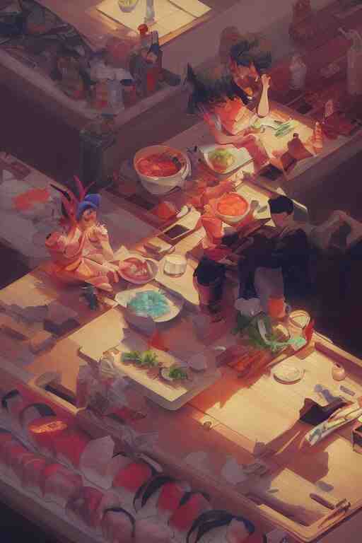 sushi, tooth wu, dan mumford, beeple, wlop, rossdraws, james jean, marc simonetti, artstation giuseppe dangelico pino and michael garmash and rob rey and greg manchess and huang guangjian and makoto shinkai 