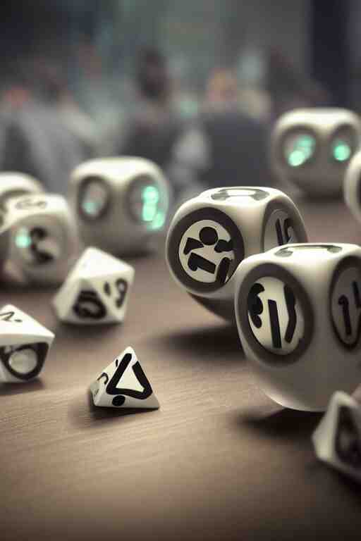 closeup, of one futuristic sci-fi Twenty sided dice, in the background players at a table that are in still high tech suites, bokeh, sharp focus, intricate concept art, highly detailed, 8k, cinematic, sharp focus