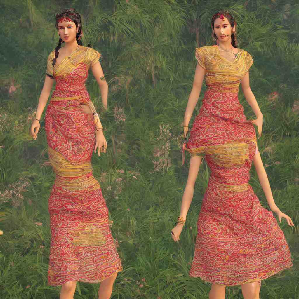 beautiful summer assamese mekehela bihu style floral gamosa dress ; flirtatious, boho - chic, sleeveless, elegant, short skirt length, slimmer demeanor, plethora of colors ; mini dress, highly detailed cute face by wlop ; octane render, unreal engine 5, trending on artstation, 8 k, symmetrical, cinematic, high coherence, hdr fabric textures 