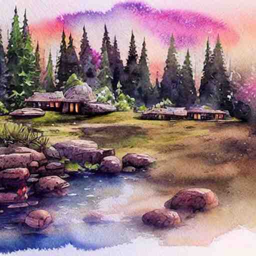 beautiful happy picturesque charming sci - fi organic homes in a beautiful natural scene. water, trees and rocks. beautiful light. grainy and rough. soft colour scheme. beautiful artistic detailed watercolor by lurid. ( 2 0 2 2 ) 