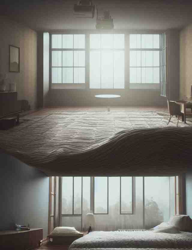 an ultra wide angle photo of a bed hovering above the floor in the middle of a giant bedroom with windows opening to other worlds by casey weldon and lee madgewick, photorealistic, octane render, recursive!!!!, flowing!!!!, cascading, multiverse!!!!, labyrinthine!!!! 