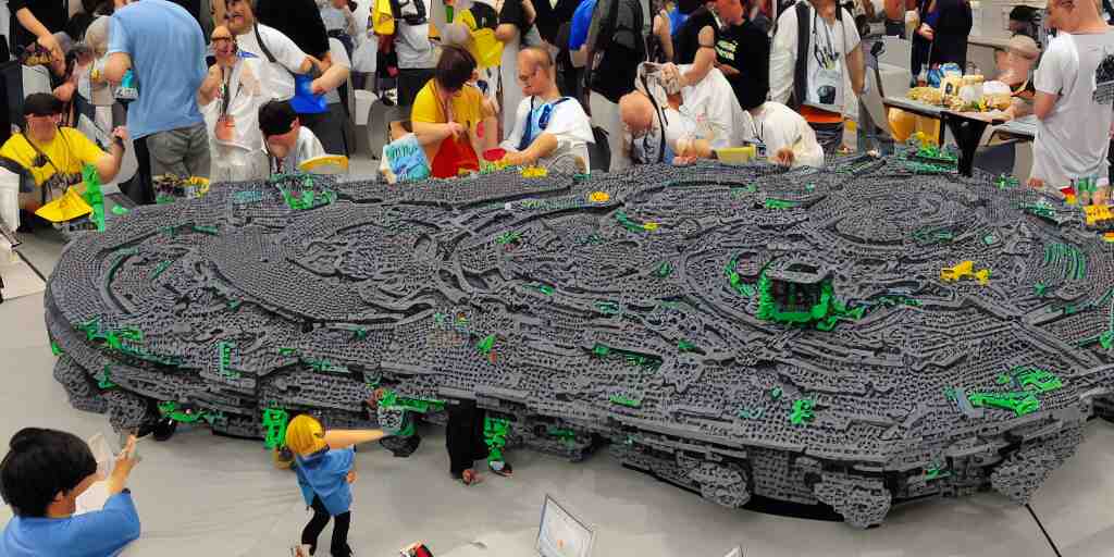 wide shot lens photo of a very intricately detailed and epically shaped 3. 5 meter long hovercraft the nebuchadnezzar from the matrix attacked by squid sentinels lego sculpture designed by a master builder as displayed at a lego convention, low angle shot. 