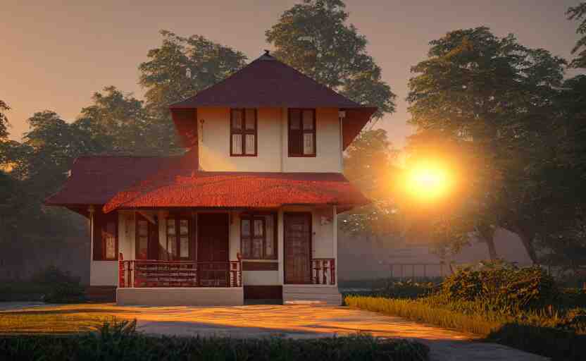 a beautiful small assam type house at sunrise, guwahati, concept art, octane render, unreal engine 5, trending on artstation, high quality, 8 k, soft lighting, path traced, hyperrealistic, highly detailed, digital art, symmetrical, cinematic, high coherence, godrays 