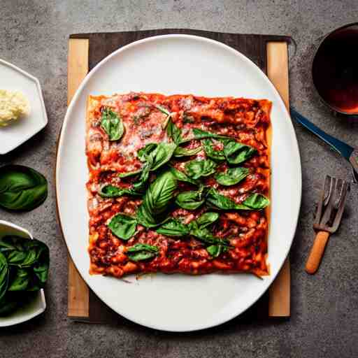 studio photography of a platypus cooking a lasagna with three basil leaves over the lasagna 