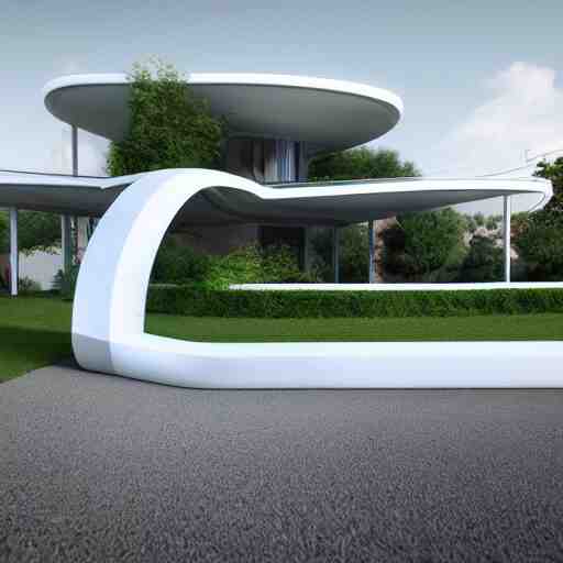 a house in the future house, retrofuturim, lawn, trees, white picket fence, futuristic flying car parked on the landing pad, realistc octane render, depth of field, soft lighting, 8k