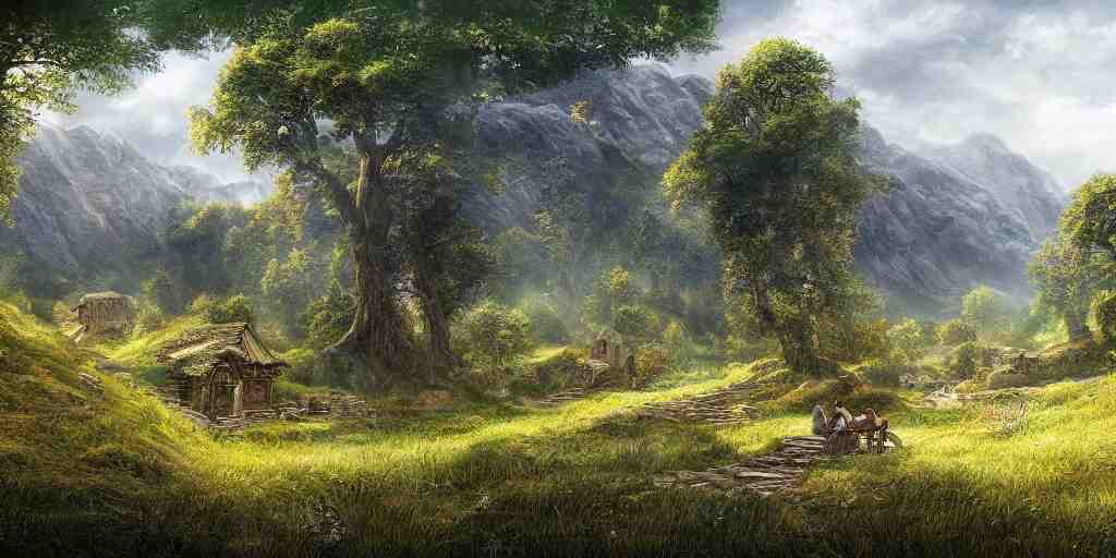 the shire, beautiful scenic landscape, lord of the rings, highly detailed professional digital painting, artstation 