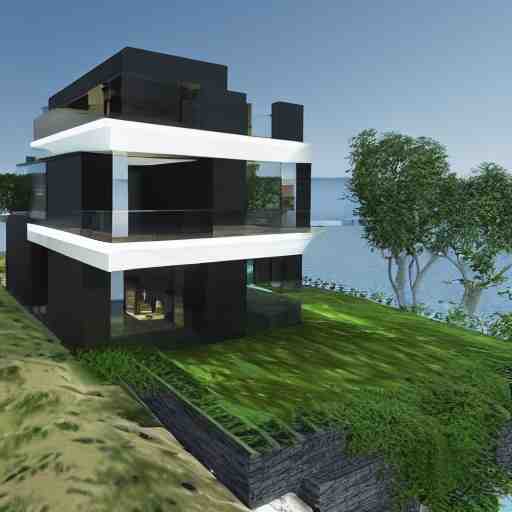 a black modern mansion on an island by itself, award winning, 8k, ultra realistic,