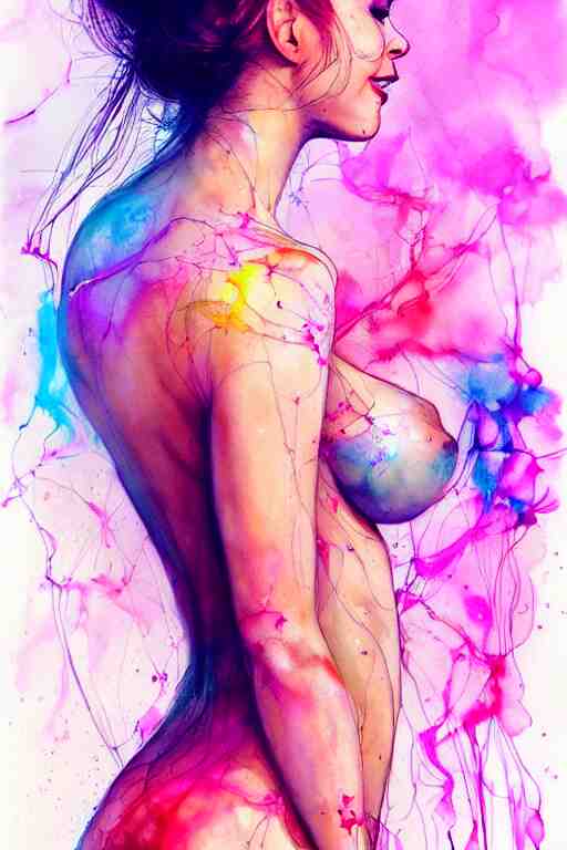 sexy lacivious little smile sophia vergara by agnes cecile enki bilal moebius, intricated details, 3 / 4 back view, hair styled in a bun, bend over posture, full body portrait, extremely luminous bright design, pastel colours, drips, autumn lights 