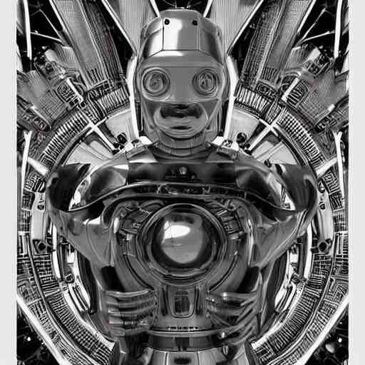 robot, 70s sci-fi, highly detailed, dark enlightenment, alchemy, nigredo, deep aesthetic, concept art, post process, 4k, highly ornate intricate details, art deco,