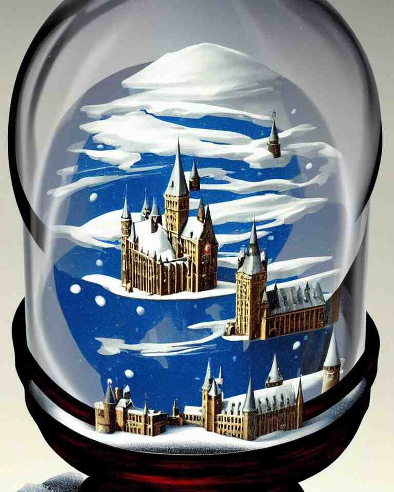 an achingly beautiful print of one snow globe with hogwarts inside by raphael, hopper, and rene magritte. detailed, proportional, romantic, vibrant, enchanting, trending on artstation 