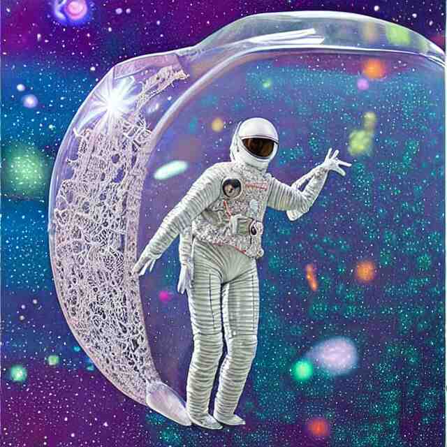 realistic extremely detailed  photo style  painting of a  astronaut eva lobster suit covered in  diamond 3d fractal lace iridescent bubble 3d skin +, camera appendage stalks+helmet clear brain case see through ,in a jumping float pose inside of a futuristic space station blobby holograpic shrink wrap bubble,
,opal ruby diamond iridescent fractal lace bubble materials,alternate reality ceramic age,
monolithic retro futuristic ,water , by style hybrid mix of beeple+Anton Pieck+Jean Delville+ Amano,Yves Tanguy+ Alphonse Mucha+ Ernst Haeckel+ Edward Robert Hughes+Stanisław Szukalski covered with compound eye camera lenses,neutron,
rich moody colors,diamond dust glitter and sparkles, granular detail,holographic krypton ion,blue eyes,octane render,4k,
f32,55mm photography,wide angle ,jumping float Pose,full shot,  