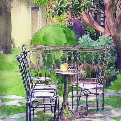 delicate, tiger, chairs, garden, paved, botanic watercolors, iridescent, 8 k, realistic shaded, fine details, artstation, italian, iron gate, tree, mediterranean, marvelous 