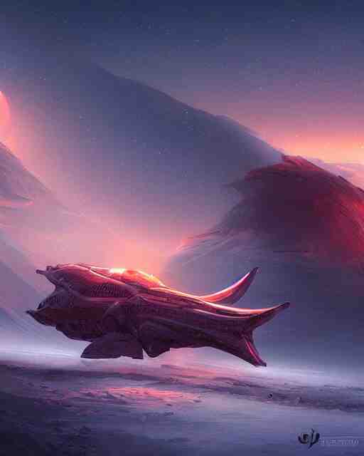 legendary space ship, ice fish shape, desert planet, cinematic, highly detailed, scifi, intricate digital painting, sunset, red glow, illustration, artstation, by johnson ting, jama jurabaev 