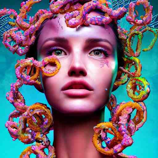 the face of a ridiculously beautiful and pretty woman partially made of onion rings of all colors looking up, an ultrafine detailed illustration by james jean, final fantasy, intricate linework, bright colors, behance contest winner, vanitas, angular, altermodern, unreal engine 5 highly rendered, global illumination, radiant light, detailed and intricate environment 