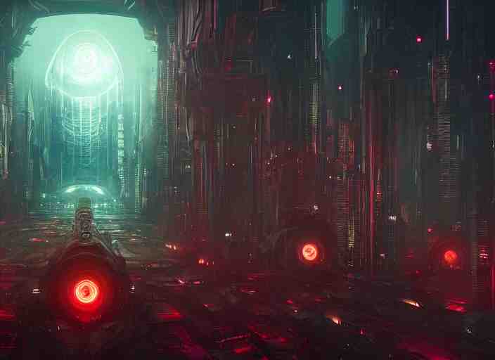 a futuristic city with a giant lovecraftian cthulu eye in the center, cyberpunk art by neil blevins, cgsociety, fantasy art, dystopian art, cryengine, redshift vibes 