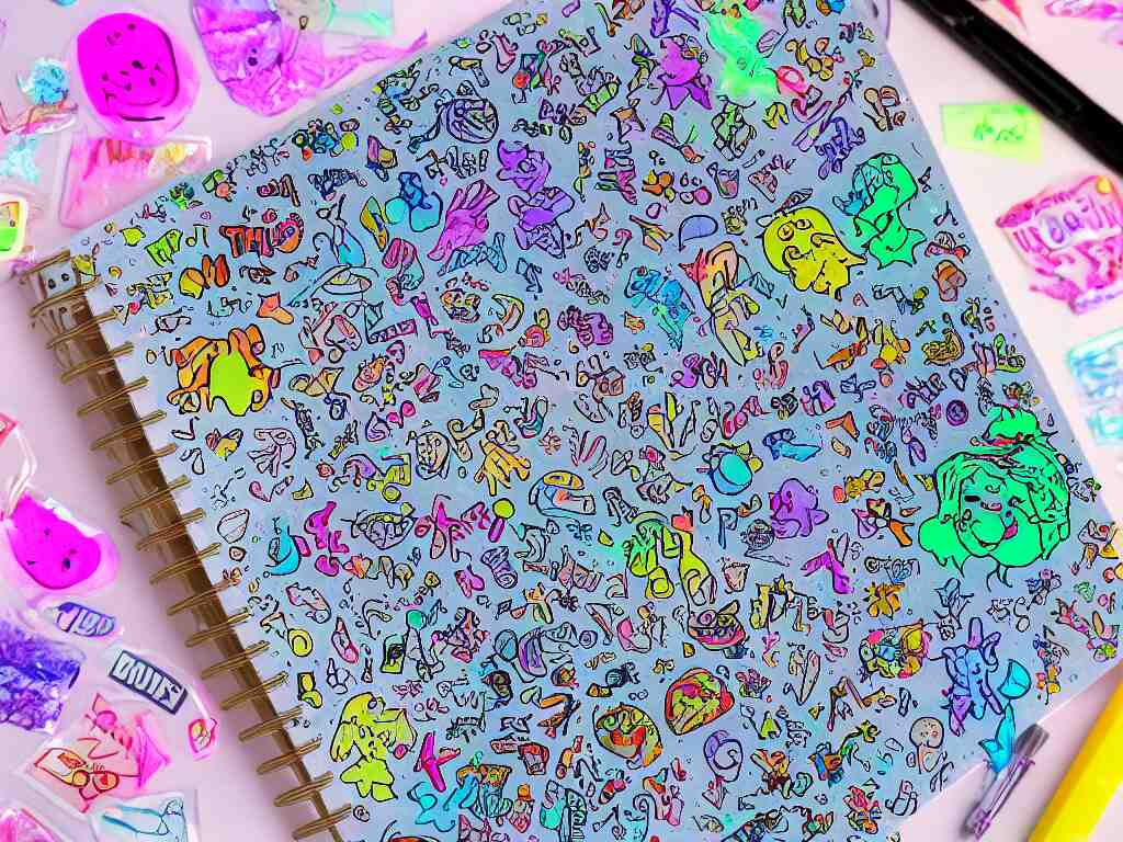 a school notebook covered in doodles, stickers, glitter, and holographic stickers