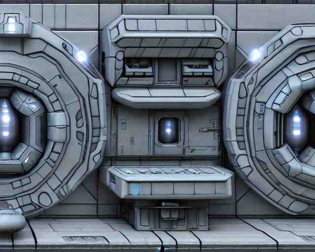 3 d sculpt of scifi rectangular industrial building facade covered with many spheres and torus shapes by maschinen krieger, starcraft, halo, star wars, ilm, star citizen halo, mass effect, starship troopers, elysium, the expanse, high tech industrial, artstation unreal 