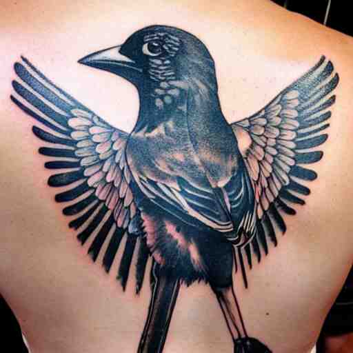 back piece tattoo of a magpie flared out holding a pennant in it's claws, high detail 