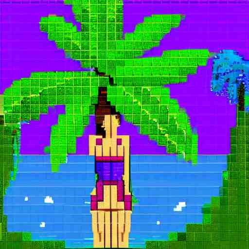 pixel art, 32-bit pixel art, vibrant sprite art, barbarian girl, electrified hair, prehistoric fantasy, palm trees