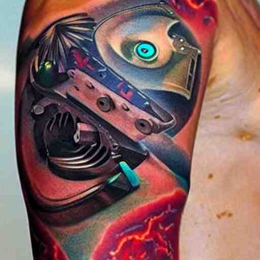 arm tattoo of a 3 d hole in the skin with multicolored robotic mechanics inside under the skin, insanely integrate, 3 d 