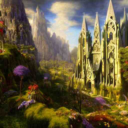 a beautiful and highly detailed matte painting of a beautiful cathedral in a magical fantasy valley in the mountains, psychedelic trees and plants and flowers, celtic vegetation, epic scale, insanely complex, hyperdetailed, sharp focus, hyperrealism, artstation, cgsociety, 8 k, bright colors, by caspar friedrich, albert bierstadt, james gurney, brian froud, 