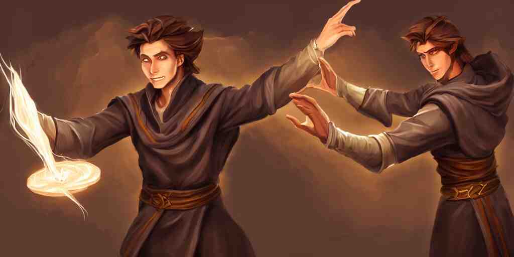 concept art of a handsome young caucasian male sorcerer with brown hair he is casting a spell that is emanating from his hands he is in a alchemist lab, action pose, medium shot, waist up, dungeons and dragons art, magic the gathering art 