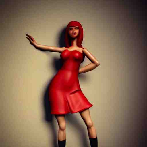 woman, red short dress, black hair, by milo manara, 3 d render, red high heels, face, house, high - poly 