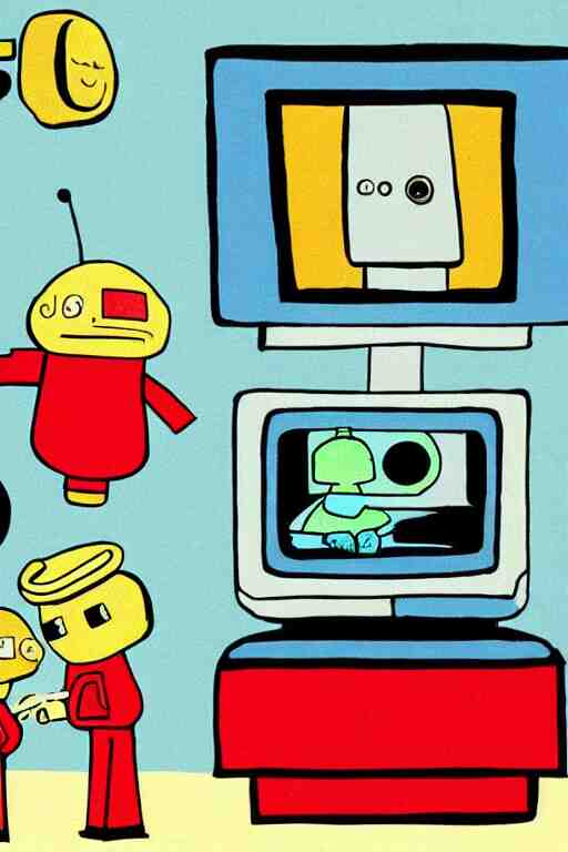 an illustration of robots watching tv in the style of goodnight moon by margaret wise brown 