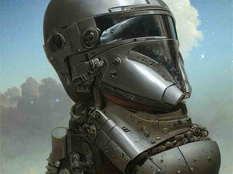  a detailed portrait painting of a bounty hunter in combat armour and visor. Smoke. cinematic sci-fi poster. Cloth and metal. Flight suit, accurate anatomy portrait symmetrical and science fiction theme with lightning, aurora lighting clouds and stars. Futurism by beksinski carl spitzweg moebius and tuomas korpi. baroque elements. baroque element. intricate artwork by caravaggio. Oil painting. Trending on artstation. 8k