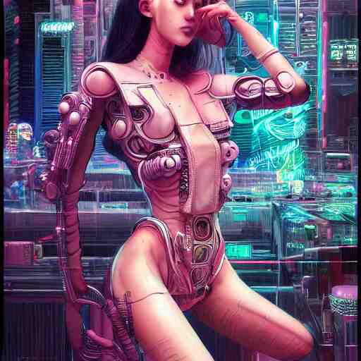 the portrait of an absurdly beautiful, graceful, sophisticated, fashionable cyberpunk gynoid gravure idol, an ultrafine hyperdetailed illustration by kim jung gi, irakli nadar, intricate linework, neon colors, porcelain skin, unreal engine 5 highly rendered, global illumination, radiant light, detailed and intricate environment 