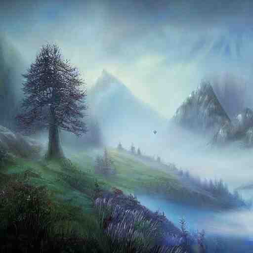 magical academy on a mountain, mist, fantasy, realism, by bagshaw tom 