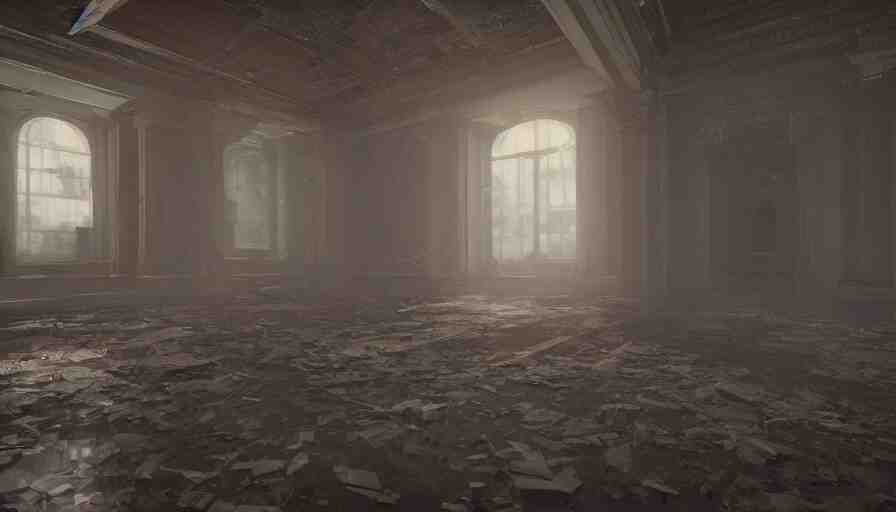 abandoned capitol with cobwebs, dusty dirty floor, collapsed ceiling, flying dust particles, light through, hyperdetailed, artstation, cgsociety, 8 k 