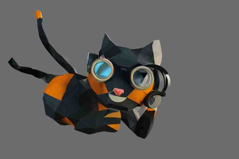 a cat dressed as a scuba diver swimming underwater, low poly, render, blender, low polygon, creepy, vast,