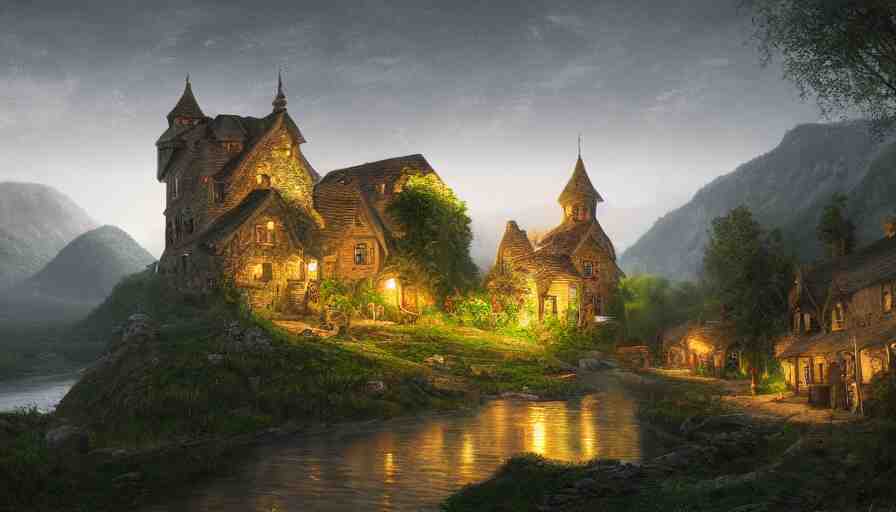 Realistic digital painting of uge English village with humongous king's castle built in green mountains at night, hyperdetailed, artstation, cgsociety, 8k