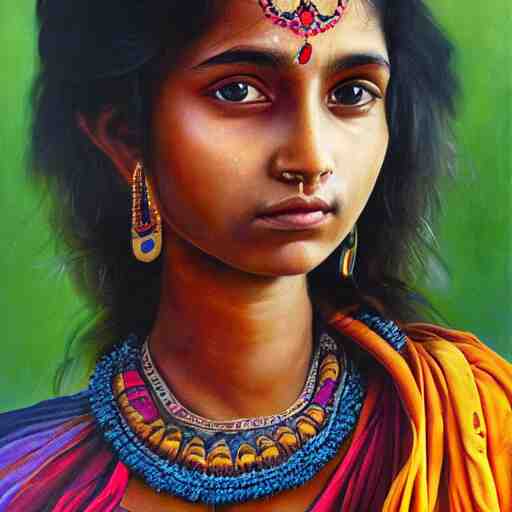 stunning, breathtaking, awe - inspiring award - winning concept art portrait painting by steve mccurry of a beautiful young hindu woman warrior with short, wavy hair, wearing a colorful sari 