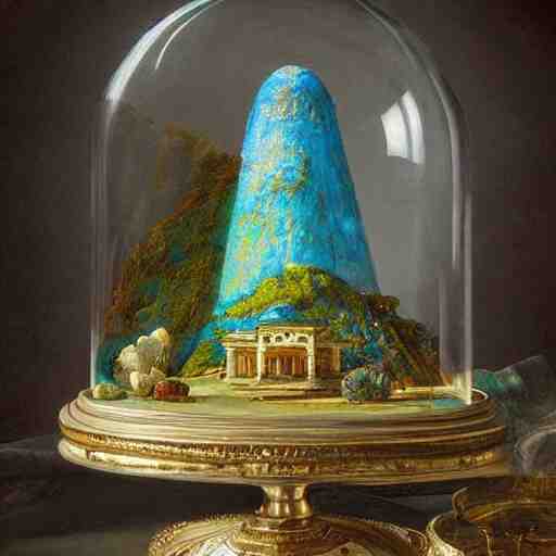 still life painting of a minature tabletop ancient city under a glass dome, by paulette tavormina and clara peeters and willem kalf, cool color - scheme with blues and greens, hyper realistic, super detailed, beautiful lighting 