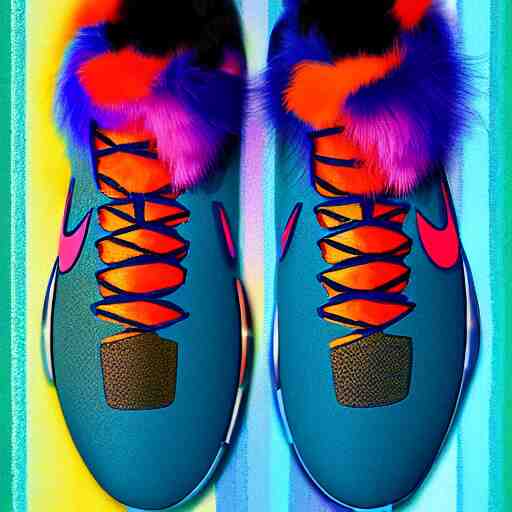 poster nike shoe made of very fluffy colorful faux fur placed on reflective surface, professional advertising, overhead lighting, heavy detail, realistic by nate vanhook, mark miner 