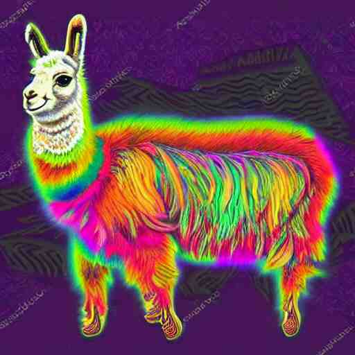 psychedelic, photorealistic, colorfully llama in a maximalist style on a background that fades to black 