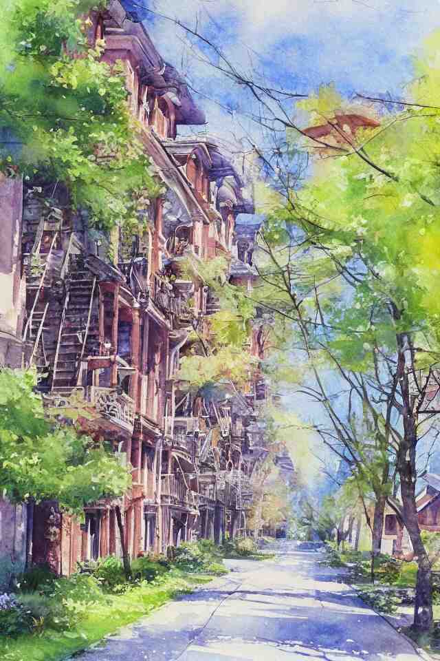 street lined with old residential houses summer watercolor by arti chauhan trending on artstation 