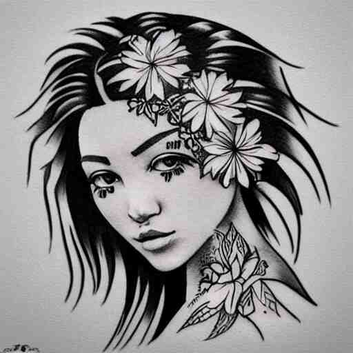 tattoo design, stencil, beach photography, tattoo stencil, traditional, beautiful portrait of a traditional Hawaiian girl with flowers in her hair, upper body, by artgerm, artgerm, artgerm, digital art, cat girl, anime eyes, anime, sexy, super model-s 100