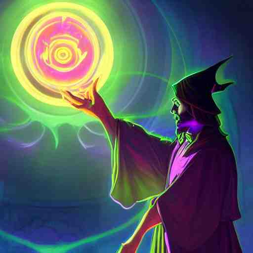 a warlock is casting a magic spell, while magic orb is floating in his hand, the magic orb emit a rainbow vapour, dynamic pose, chromatic aberration , medium level shot, Mucha style , Grim fantasy, illustration ,concept art,