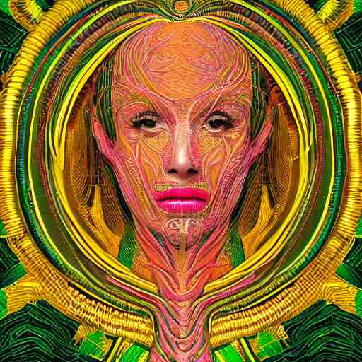 a majestic portrait of a woman with a vascular structure as the amazon aws logo, digital painting, high detail, 8 k, intricate ornamental details, vibrant iridescent colors, green magenta and gold 