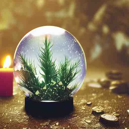 Snow globe, candles, Gustav Klutsis, octane render, Fallout, Pietro Fragiacomo, Legend of Zelda, mist, snow, pine tree, Aloe vera, swamp, dollar bill, shed